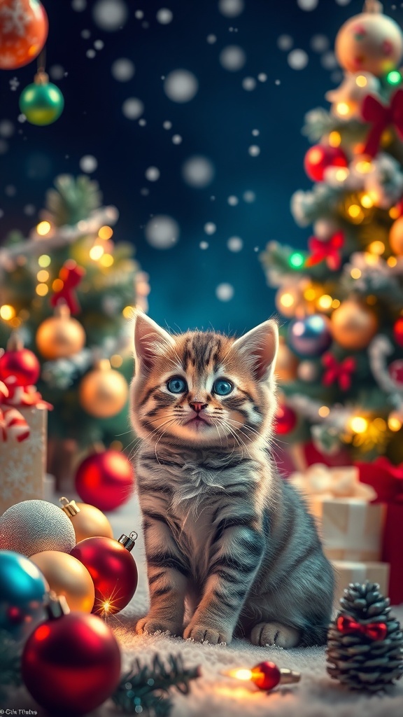 A cute cat among Christmas decorations with snowflakes falling in a festive setting.